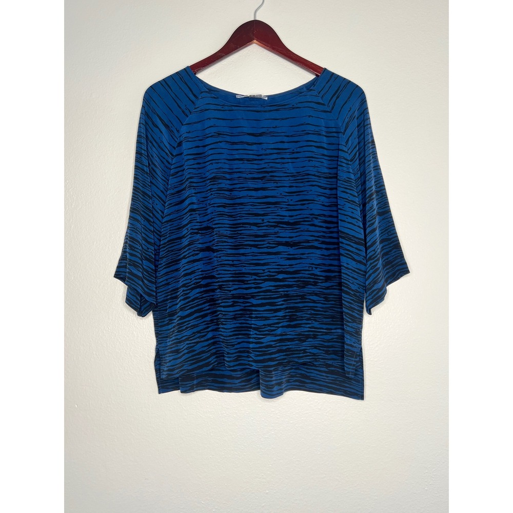 Vince Blue Black Abstract Stripe Silk Blend Raglan Blouse Top Medium 100% silk